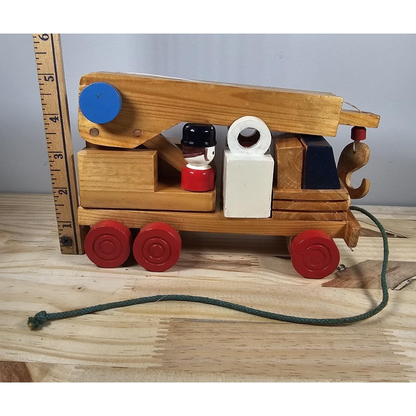 Vintage Wooden Crane Truck Pull Toy Mid Century Construction Toy