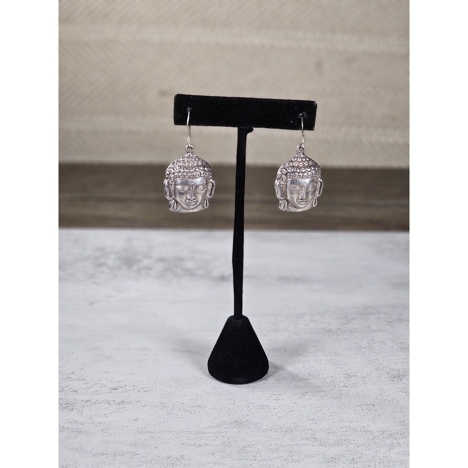 Vintage Sterling Buddha Head Dangle Earrings Spiritual Boho