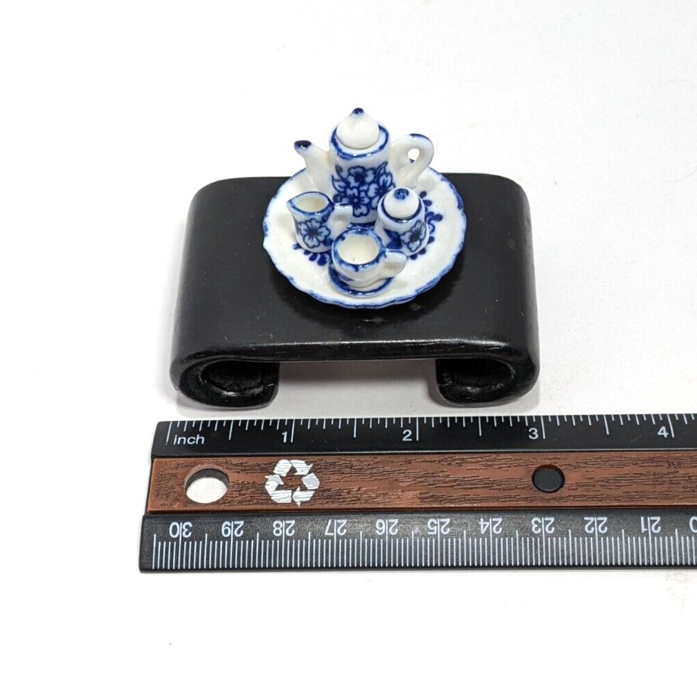 Dollhouse Tea Set with Blue White Floral Ceramic 1:12 Scale Miniature