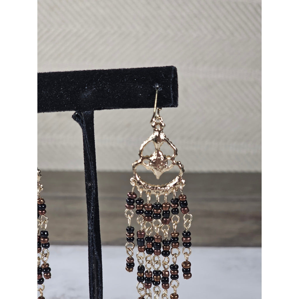 Vintage Gold Tone Beaded Chandelier Earrings Brown Black Dangle