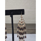 Vintage Gold Tone Beaded Chandelier Earrings Brown Black Dangle