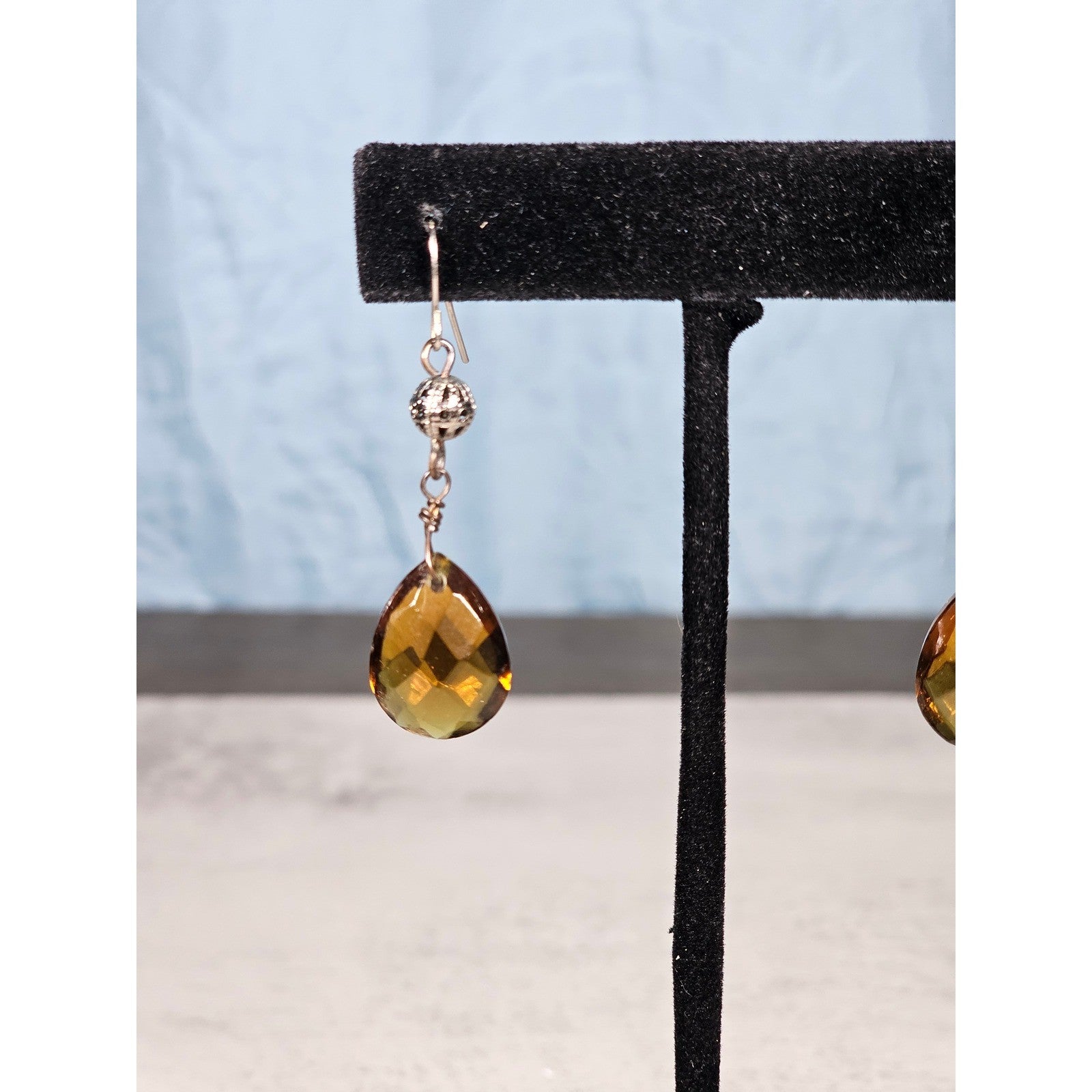 Vintage Amber Teardrop Dangle Earrings Faceted Glass Pierced