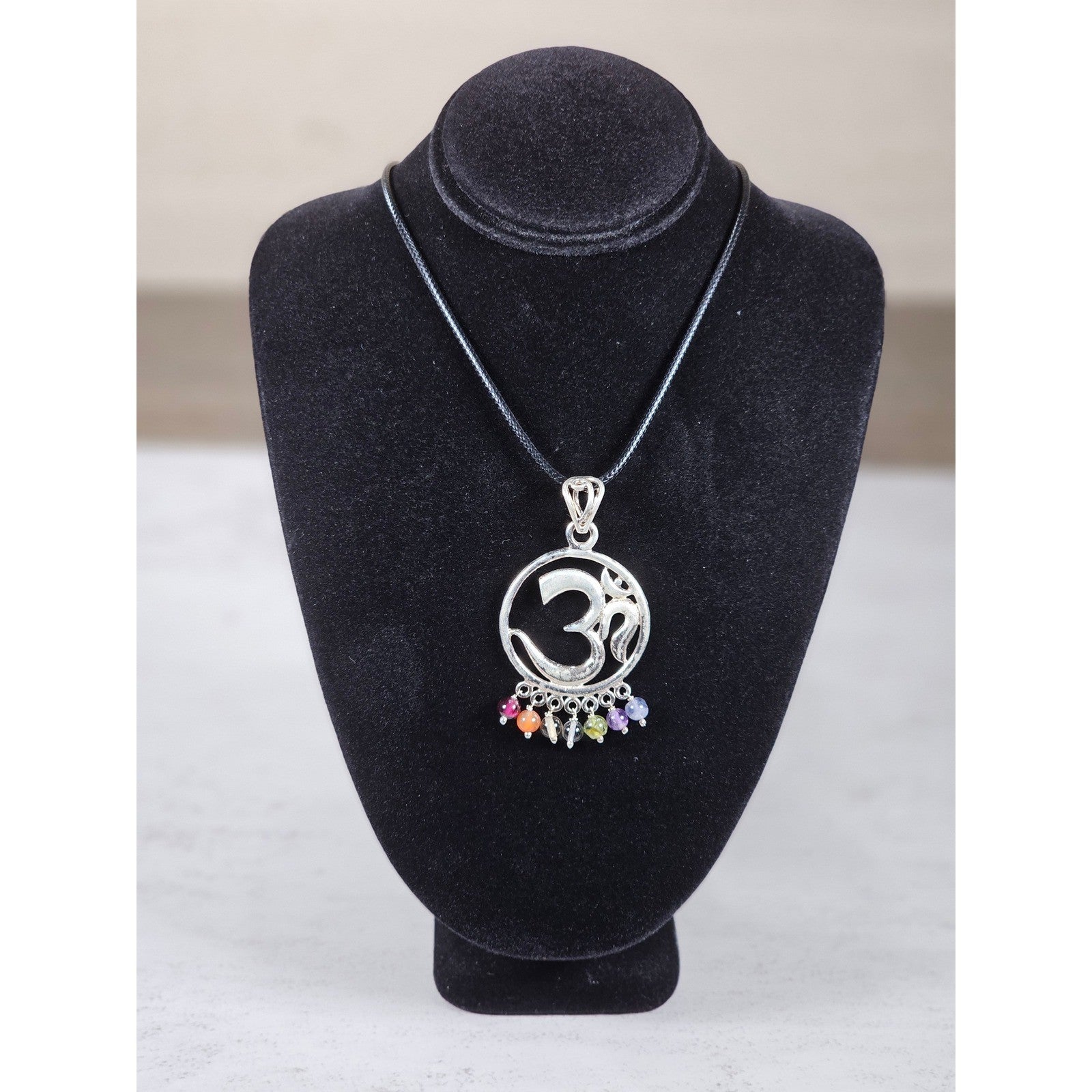 Vintage Sterling Om Pendant Necklace with Chakra Bead Fringe