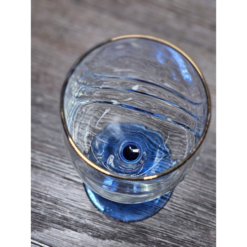 Vintage Blue Stem Wine Glass Clear Etched Bowl 8 Inch Goblet