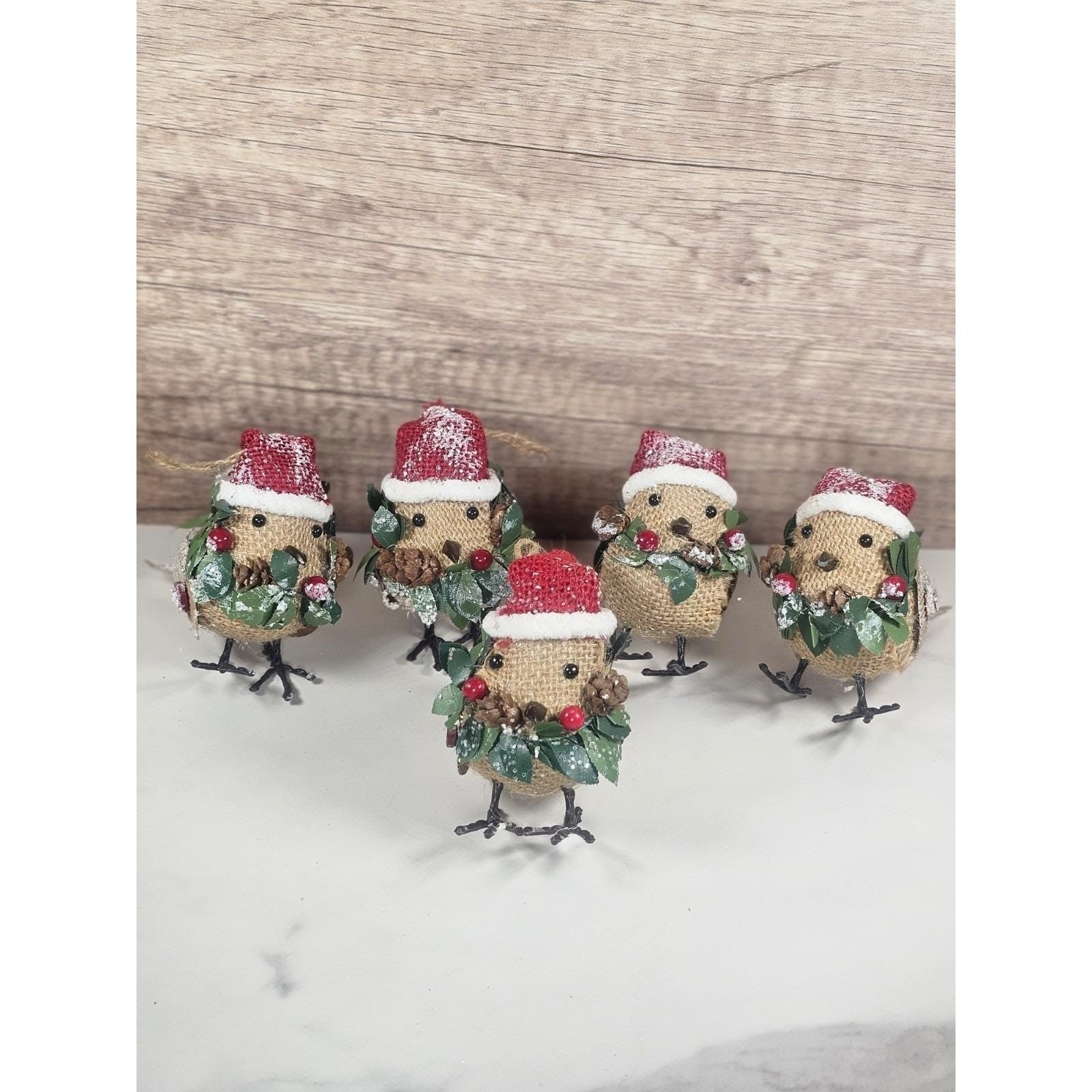 Set of 6 Burlap Bird Ornaments with Santa Hats Rustic Christmas Decor