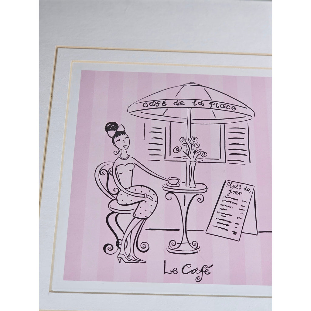 Vintage French Café Framed Art Print Pink Bistro Illustration 13x13