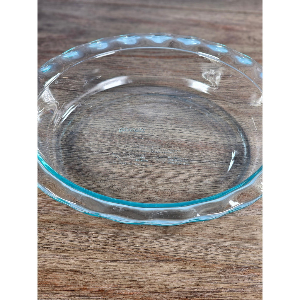 Vintage Pyrex Clear Glass Pie Dish with Blue Dot Rim 11 Inch