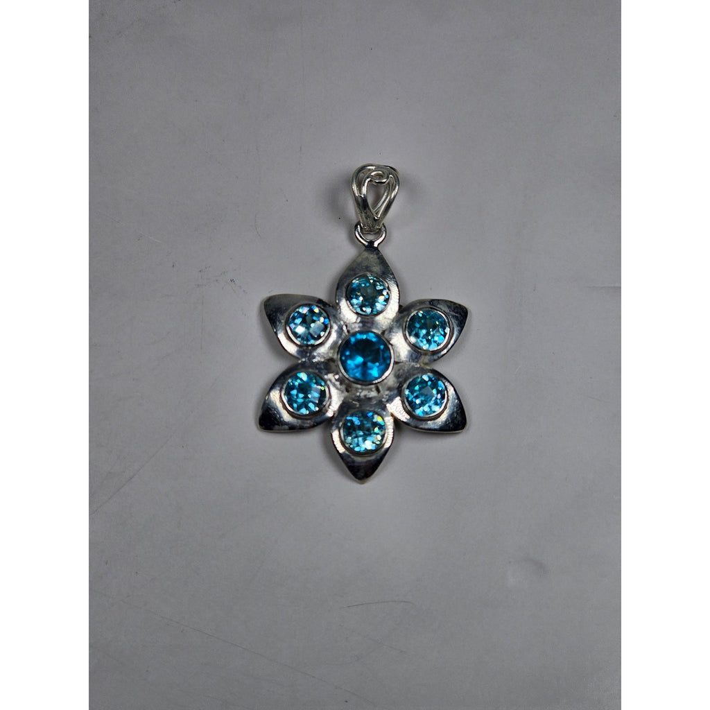 Vintage Sterling Silver Blue Stone Flower Pendant .925 Floral Necklace Charm
