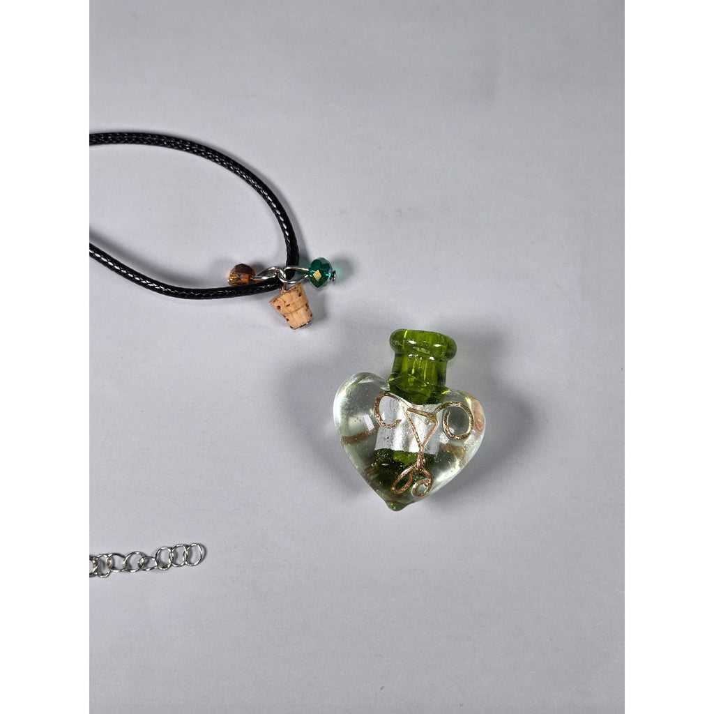 Green Glass Heart Bottle Necklace with Cork Stopper on Black Cord