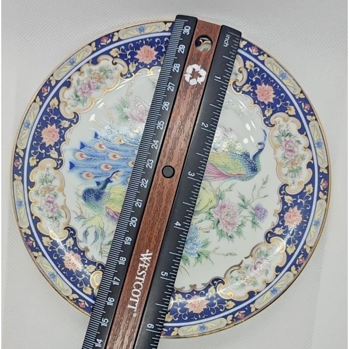 Vintage Asahi Japan Peacock Plate Blue Gold Porcelain Wall Decor
