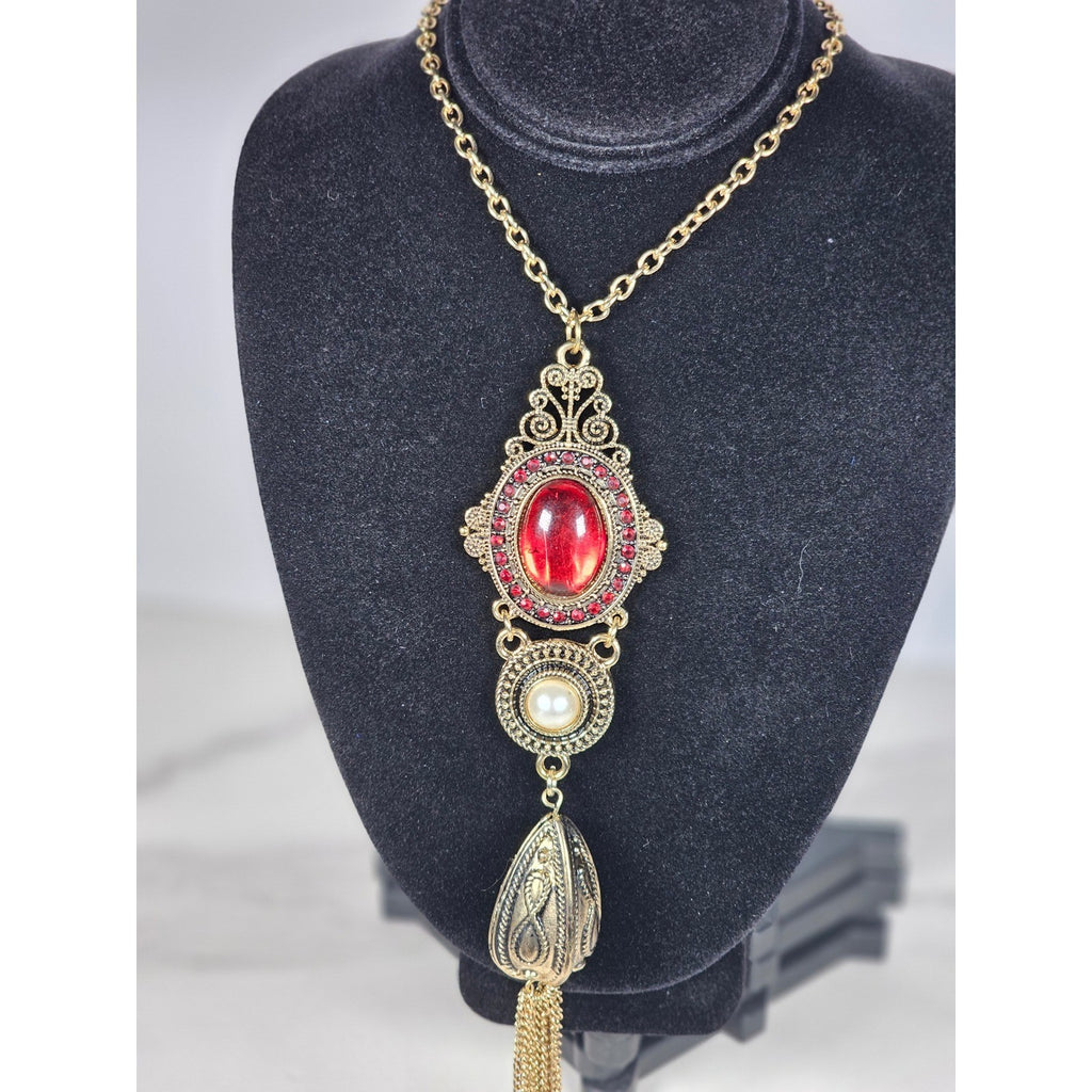 Vintage Gold Tone Red Cabochon Necklace with Faux Pearl Tassel Pendant