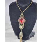 Vintage Gold Tone Red Cabochon Necklace with Faux Pearl Tassel Pendant