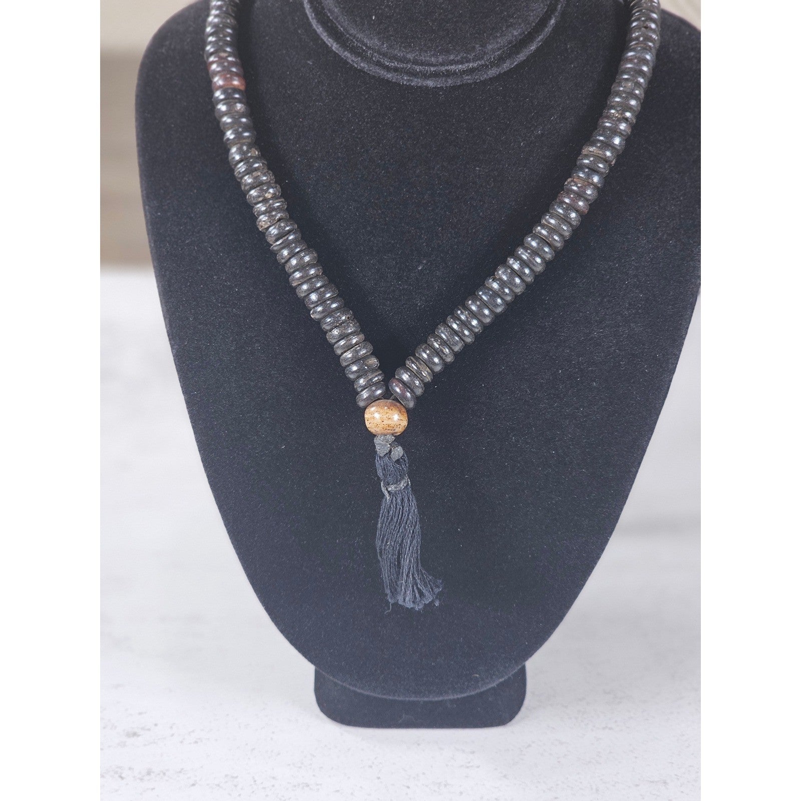 Vintage Black Beaded Tassel Necklace Boho Wood Accent Pendant