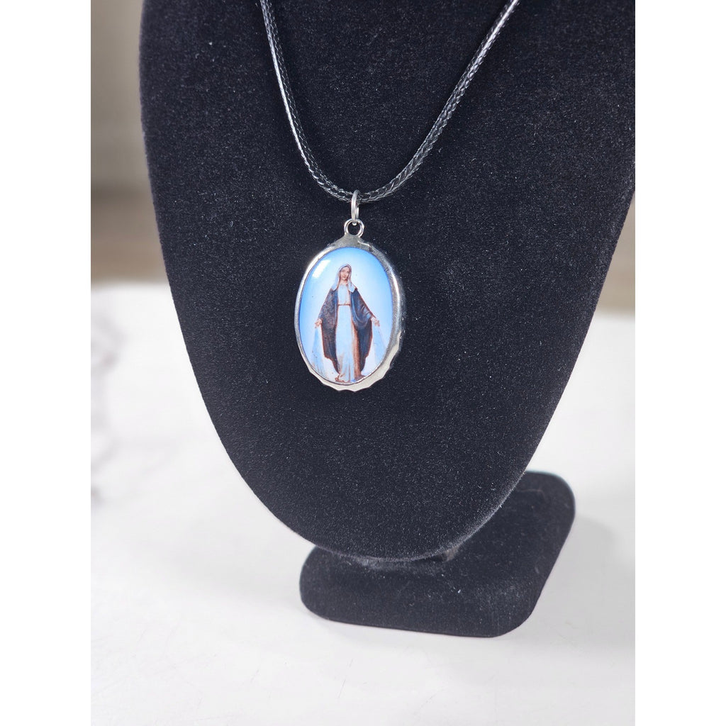 Vintage Blue Madonna Pendant Necklace with Cross Back