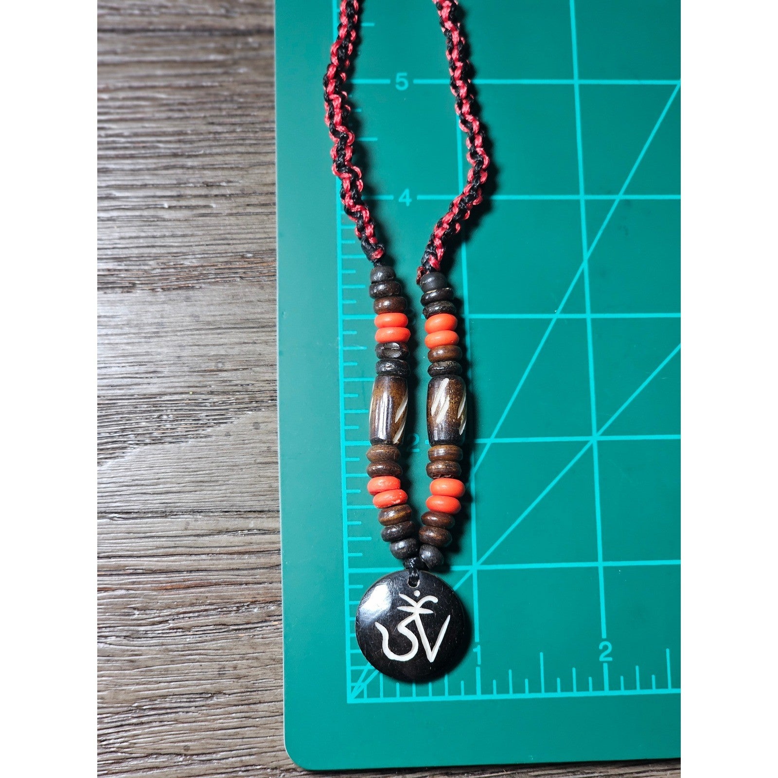 Vintage Om Pendant Necklace Wood Bead Red Black Cord Unisex