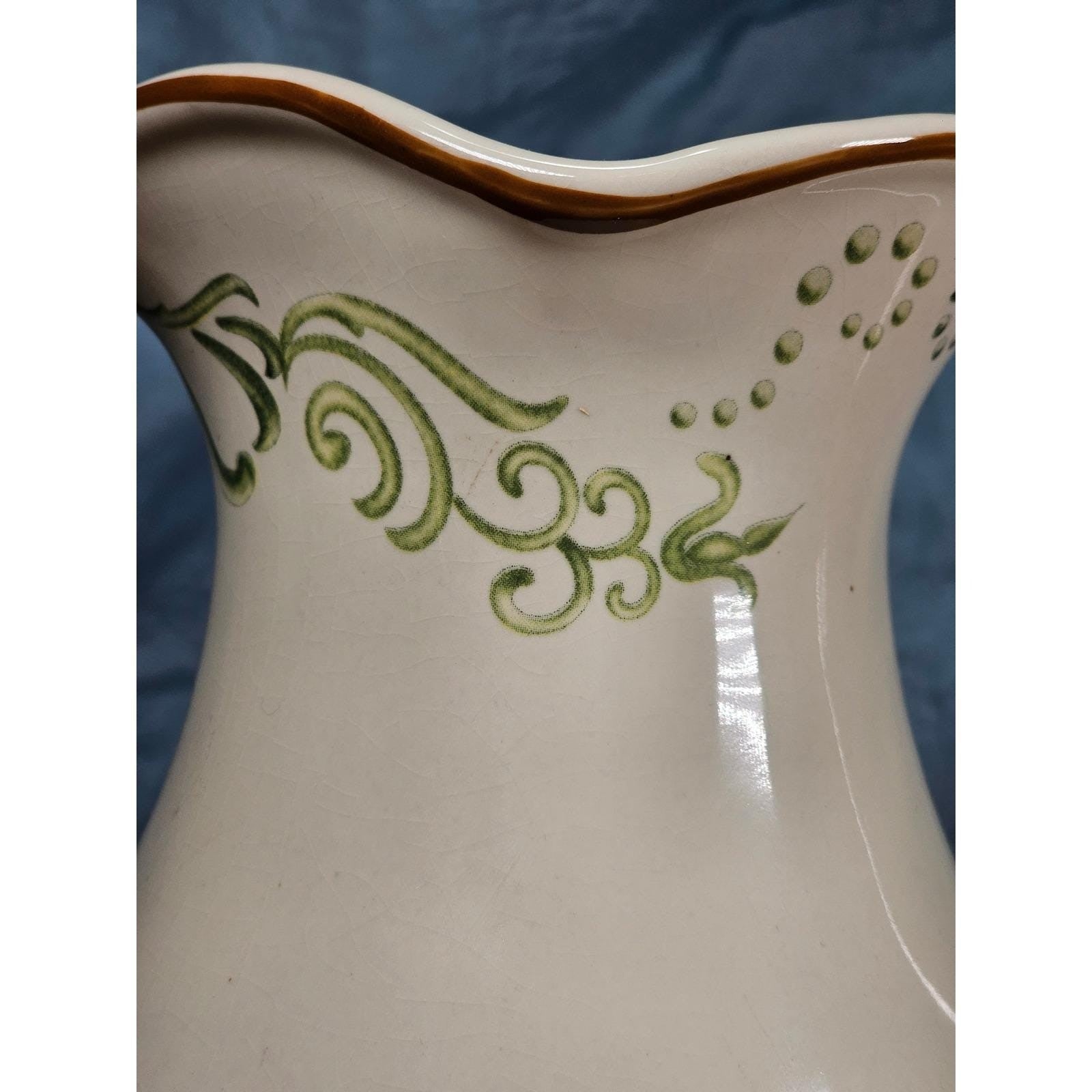 Vintage Ceramic Pitcher Cream Floral Green Brown Handle Holiday Petaluma