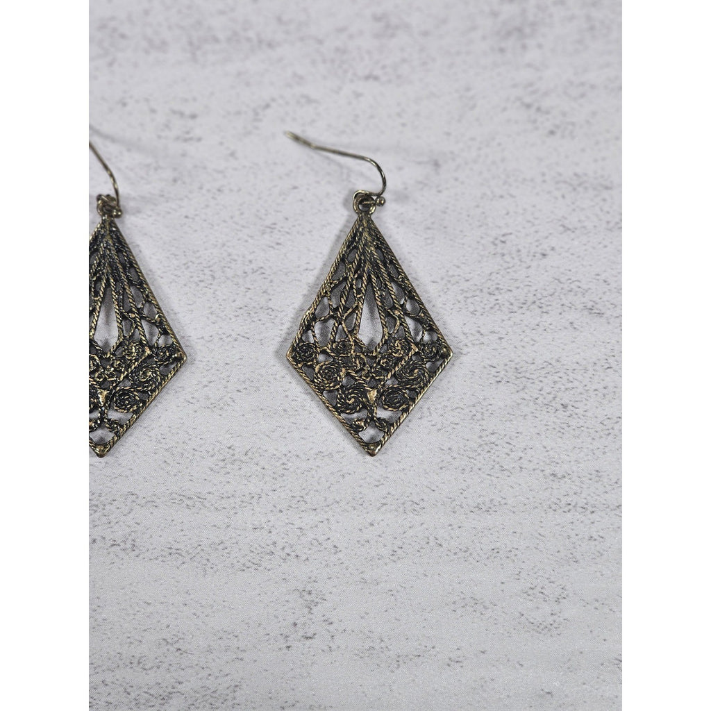 Vintage Filigree Dangle Earrings Diamond Floral Drop Brass Tone