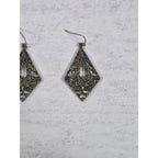Vintage Filigree Dangle Earrings Diamond Floral Drop Brass Tone