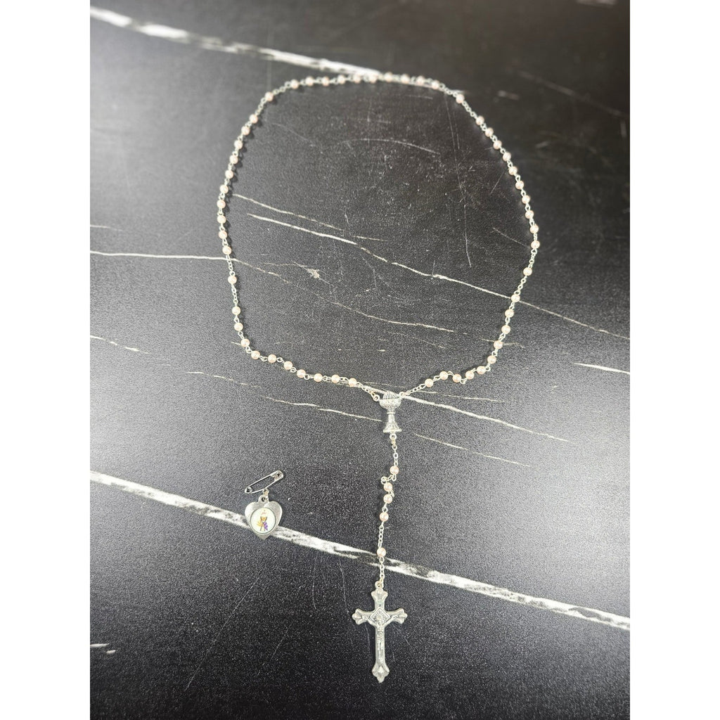 Vintage Rosary Necklace & Heart Pin Set with Case Religious