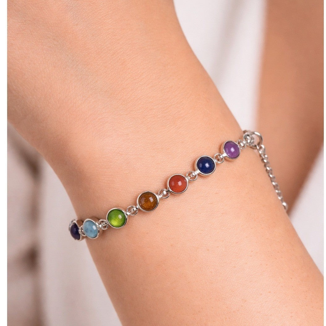 Vintage Sterling Silver Multicolor Cabochon Bracelet .925 Rainbow Stone Link
