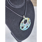 Vintage Abalone Shell Circle Pendant Necklace Silver Tone