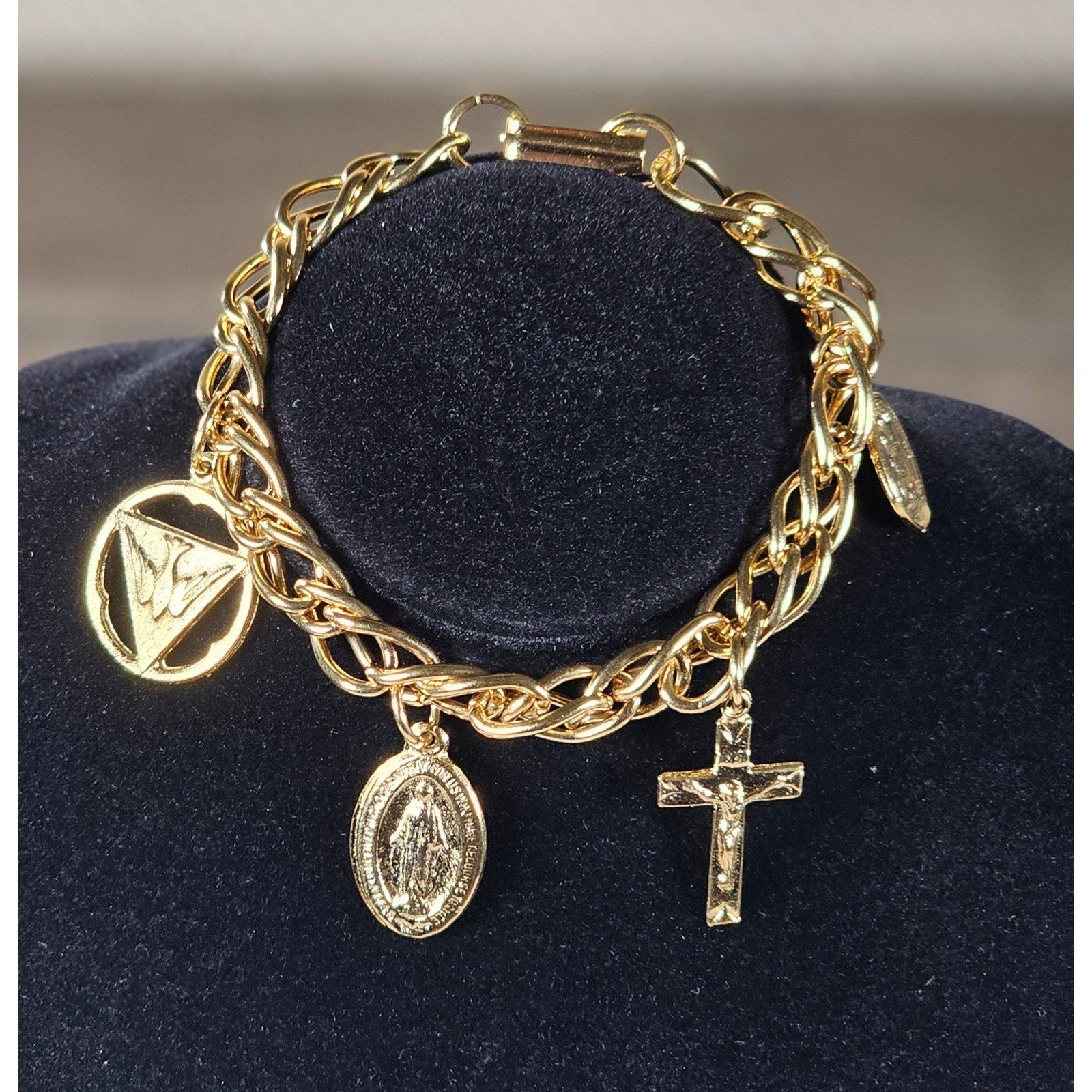 Vintage Gold Tone Religious Charm Bracelet Cross Medal Coin