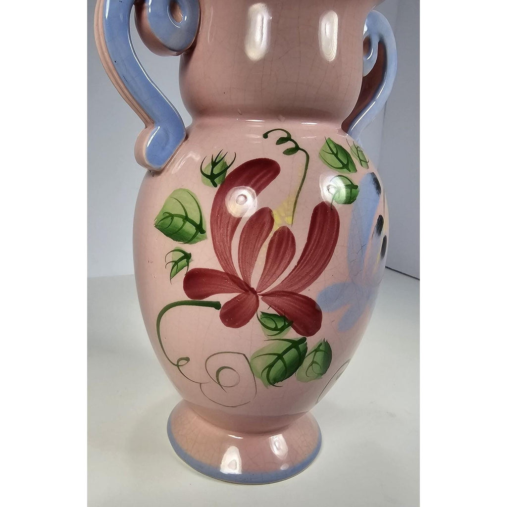 Vintage Pink Crackle Glaze Vase Blue Handles Floral Ceramic
