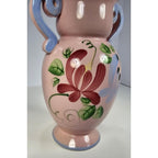 Vintage Pink Crackle Glaze Vase Blue Handles Floral Ceramic