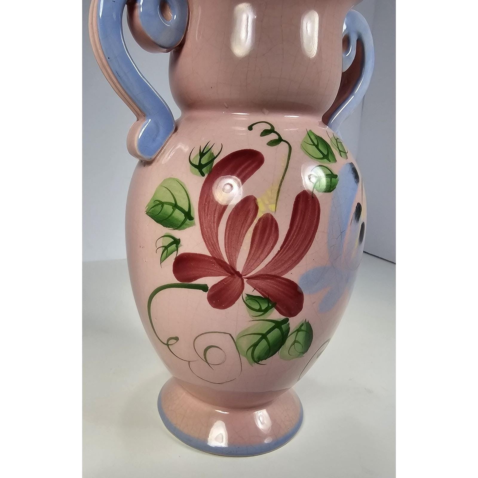 Vintage Pink Crackle Glaze Vase Blue Handles Floral Ceramic