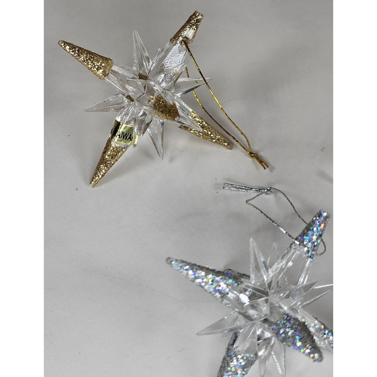 Set of 3 Star Acrylic Ornaments Gold Silver Glitter Holiday Tree Decor