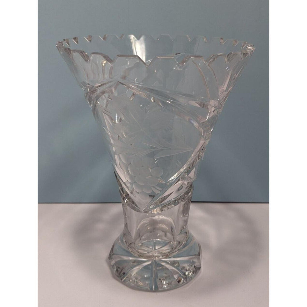 Vintage Cut Crystal Trumpet Vase Starburst Pedestal Vase 7.5 Inch