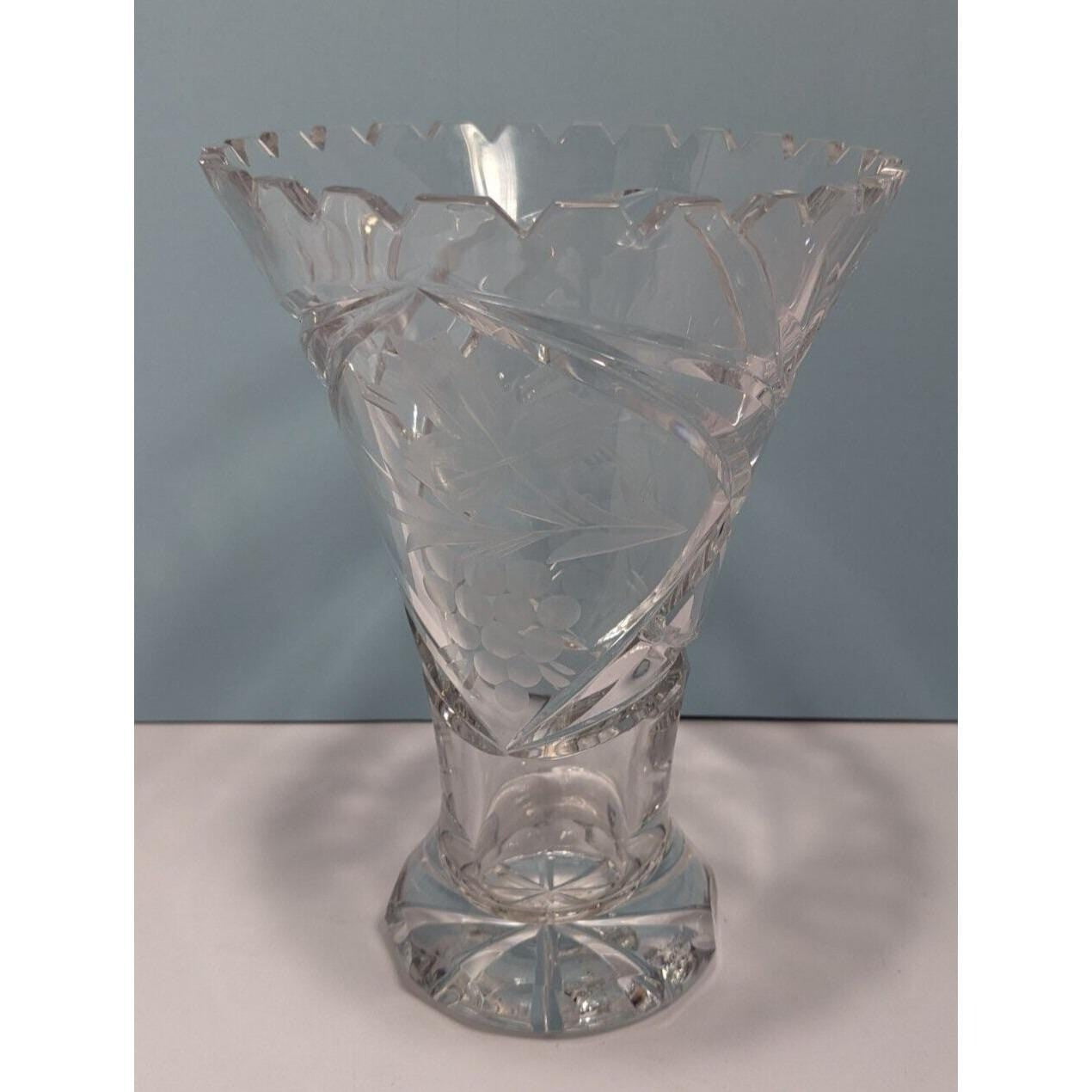 Vintage Cut Crystal Trumpet Vase Starburst Pedestal Vase 7.5 Inch