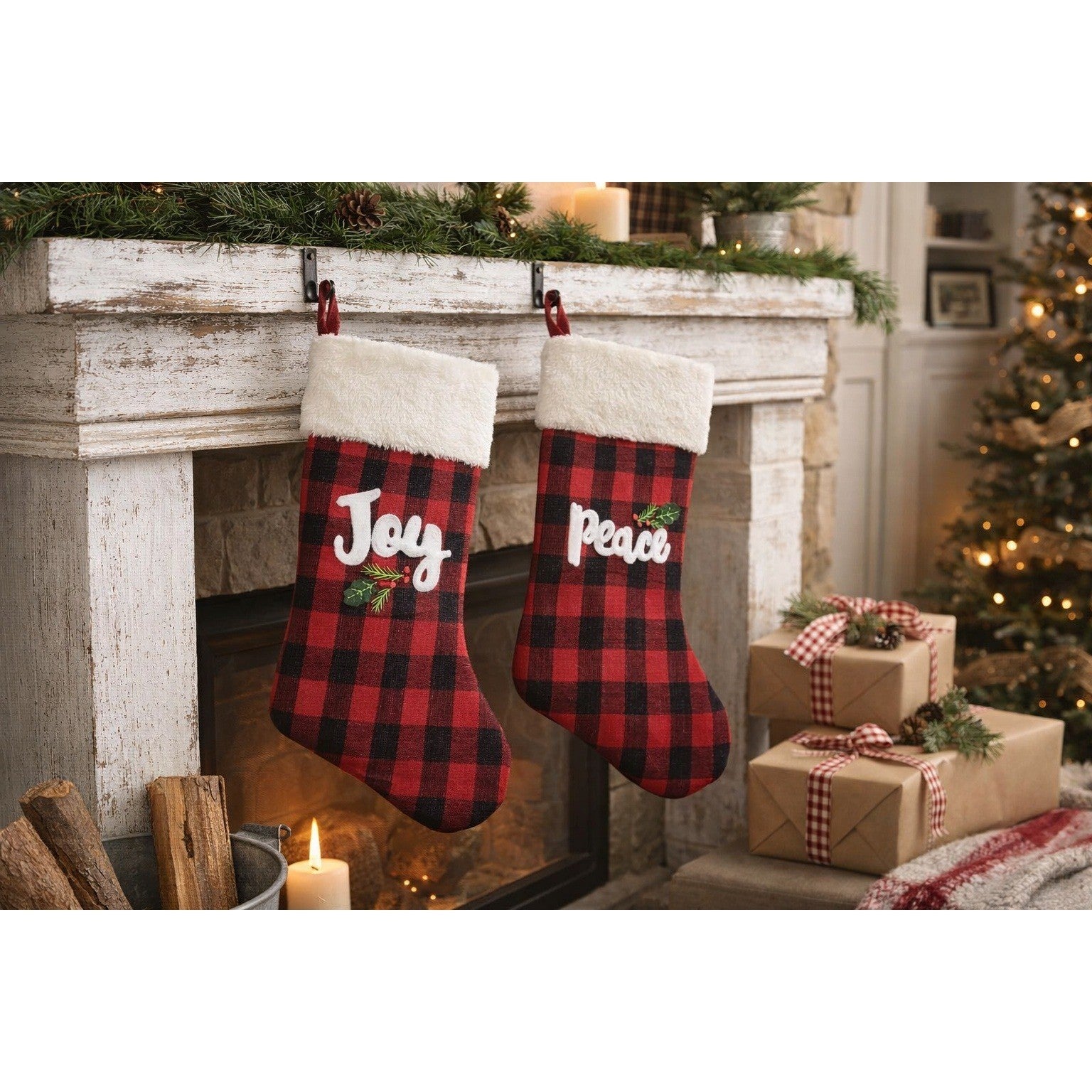 Vintage Buffalo Plaid Christmas Stockings Set of 2 Joy Peace 19"