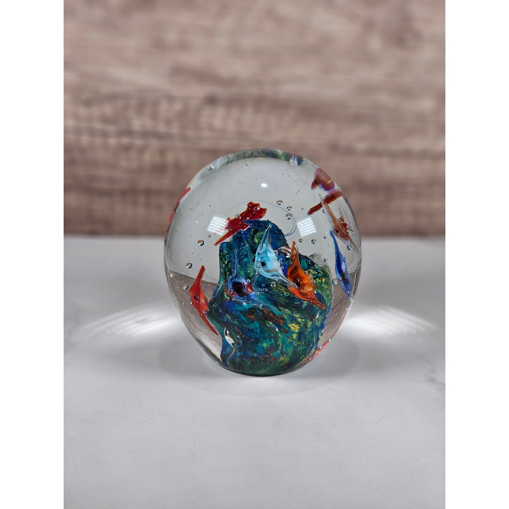 Glass Paperweight Aquatic Scene Fish Swirls Art Hand Blown
