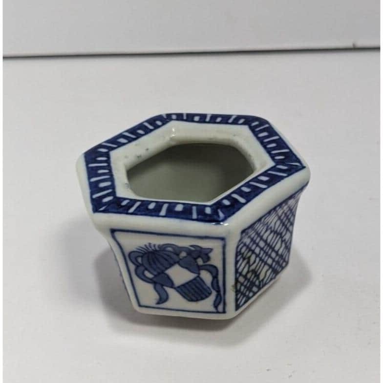 Vintage Japanese Porcelain Hexagon Pot Blue White Small Planter