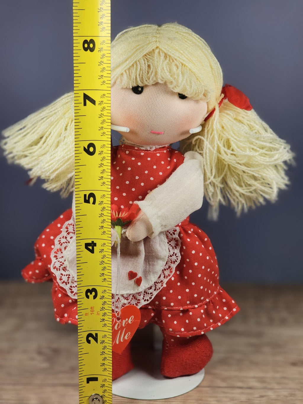 Vintage Rag Doll – Red Polka Dot Dress with Heart & Flower Accents