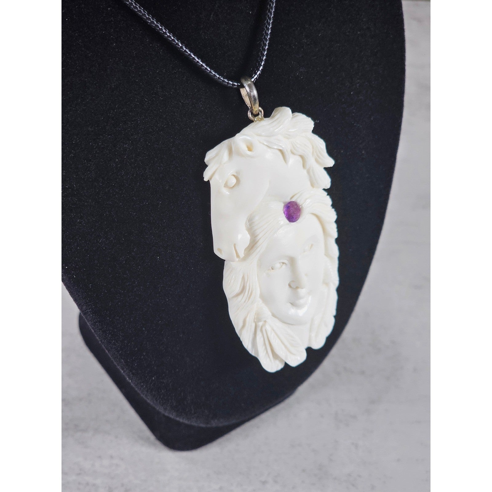 Vintage Carved Horse & Female Pendant Necklace Purple Stone