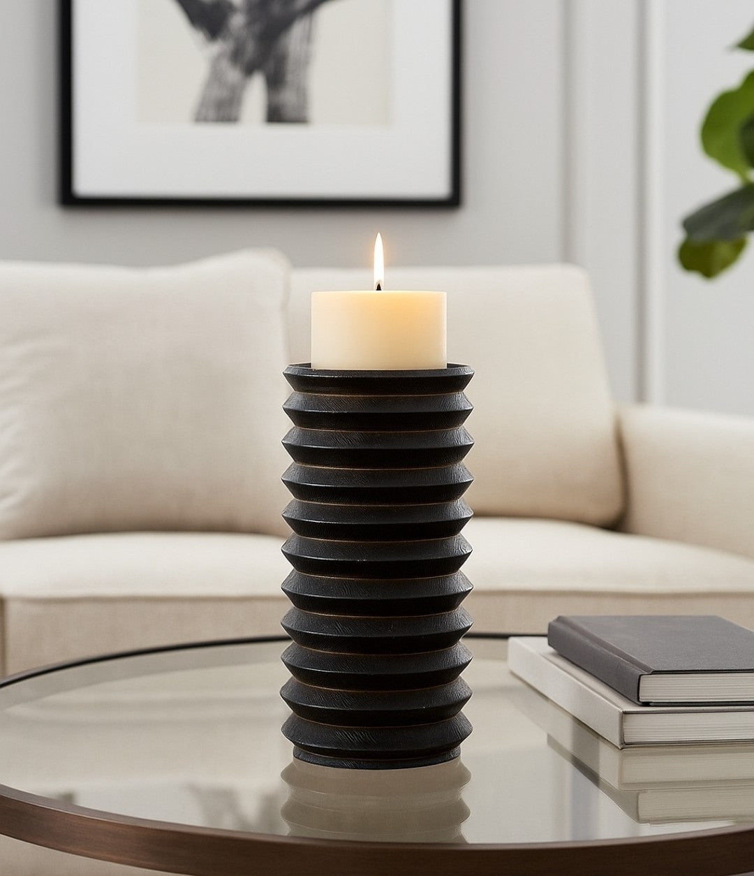 10 in Black Wood Accordion Candle Holder – Rustic Coastal Home Décor Accent