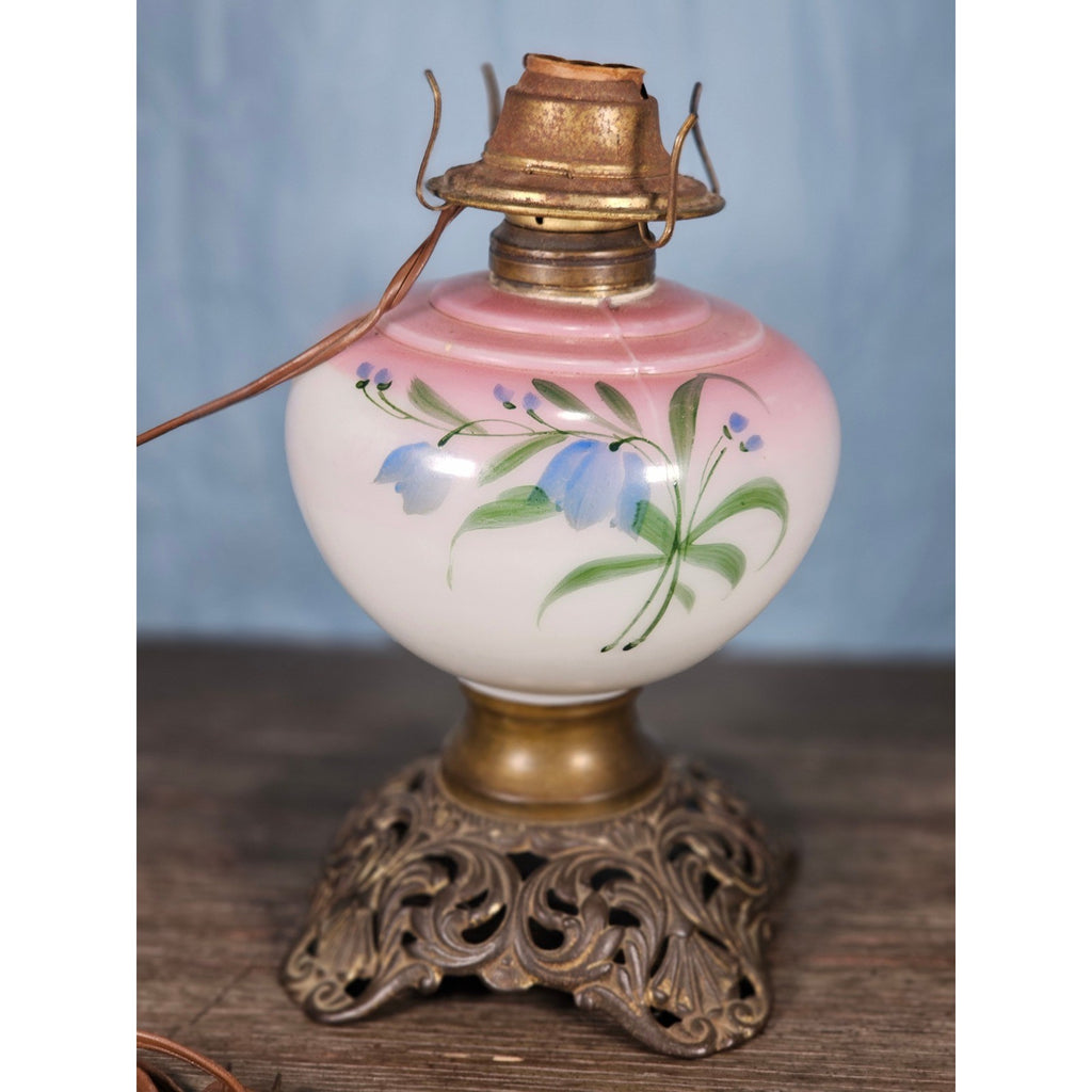 Vintage Hand-Painted Milk Glass Table Lamp | Pink Floral | Project Piece