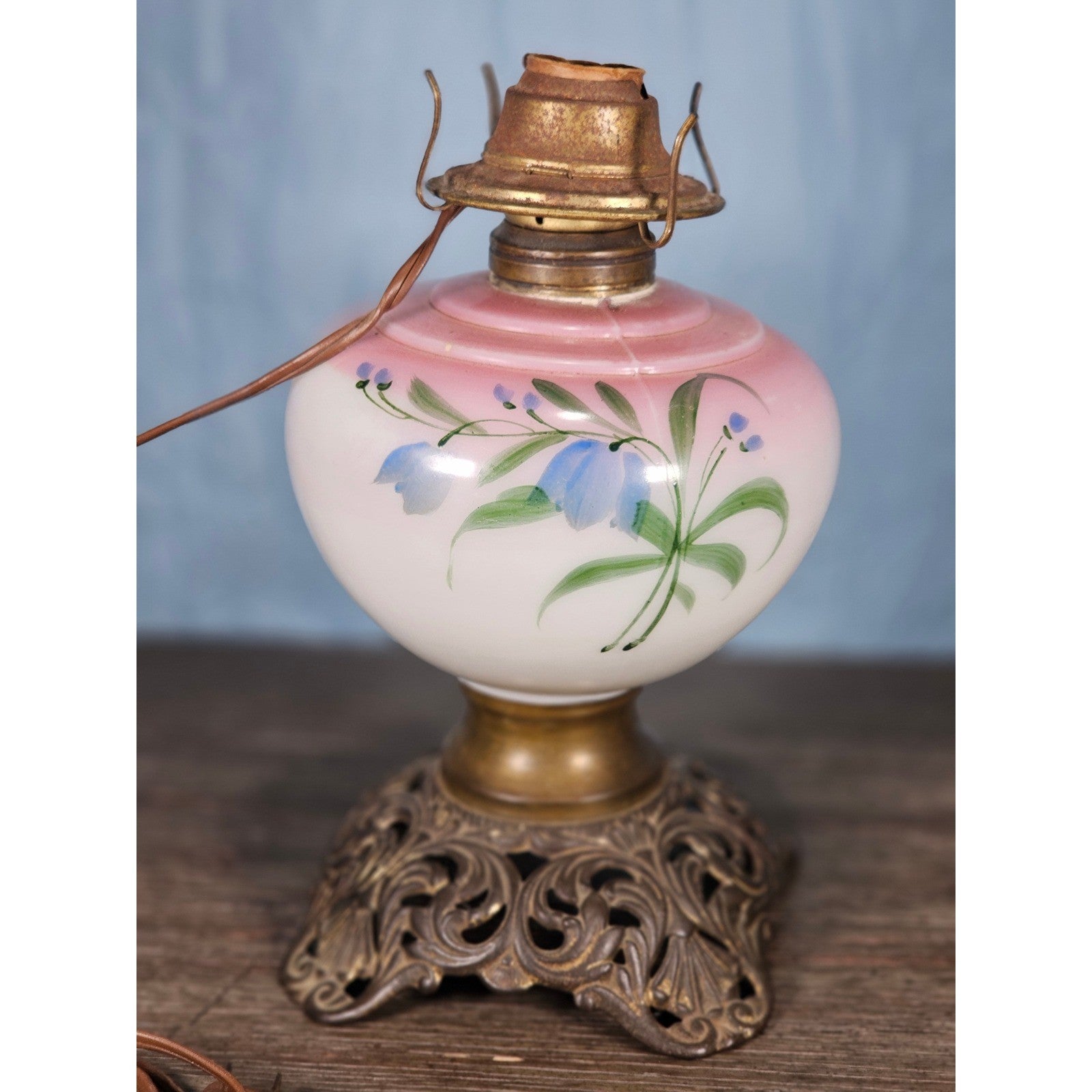 Vintage Hand-Painted Milk Glass Table Lamp | Pink Floral | Project Piece