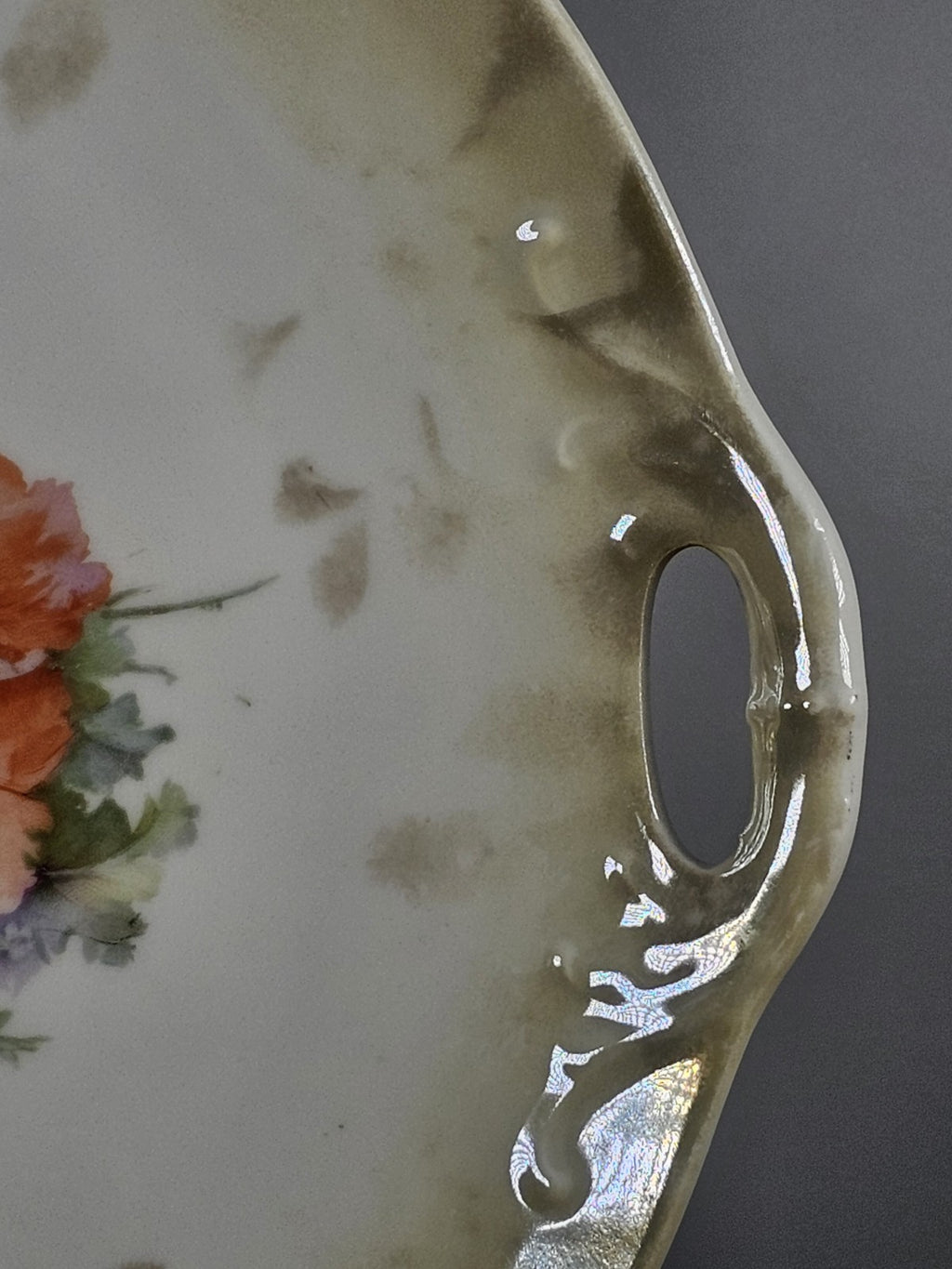 Germany Porcelain 2 Handle Cake Serving Plate Hand Painted Flowers