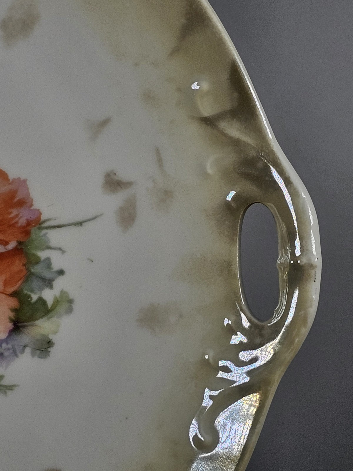 Germany Porcelain 2 Handle Cake Serving Plate Hand Painted Flowers