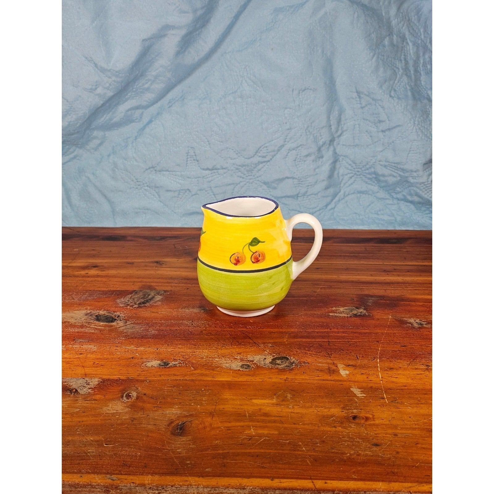 Vintage Ceramic Small Cherry Pitcher Yellow Green Hand Painted Country Kitchen