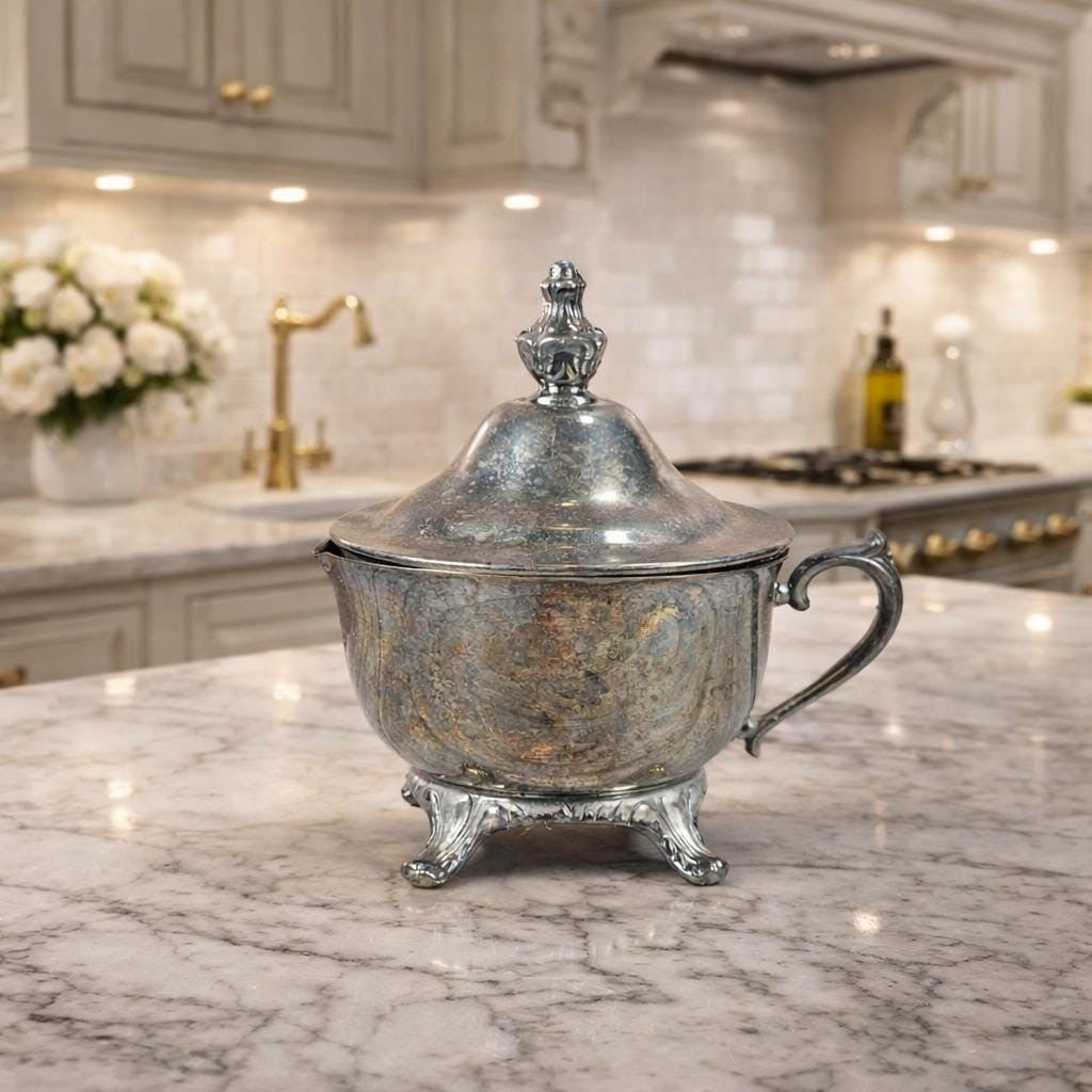 Vintage Silver Plated Creamer with Lid Footed Antique Tableware