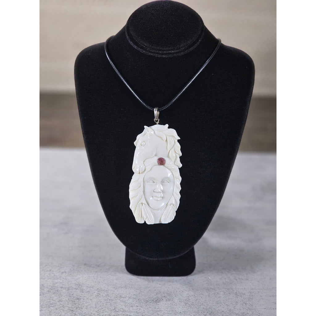 Vintage Hand Carved Horse Woman Pendant Necklace