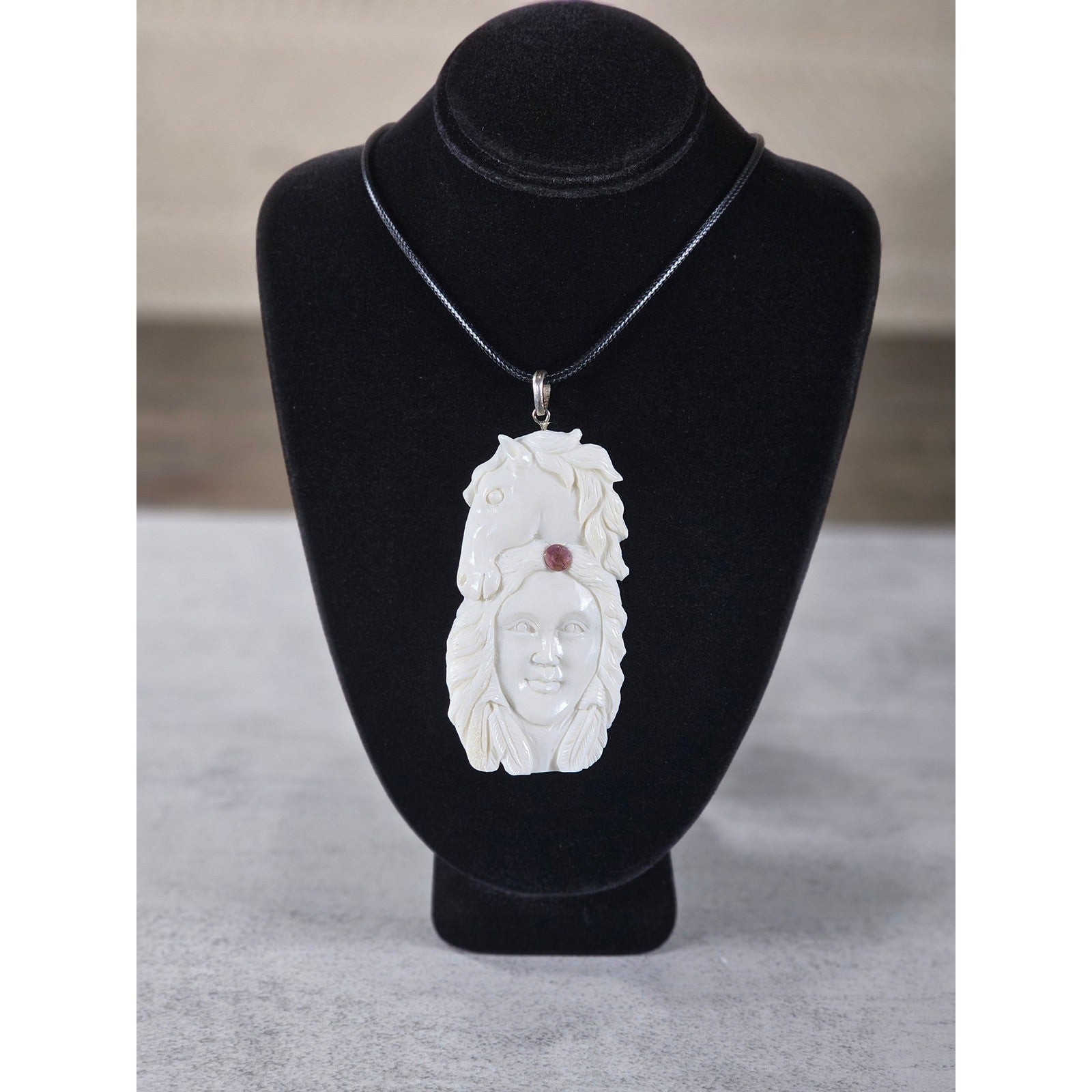 Vintage Hand Carved Horse Woman Pendant Necklace