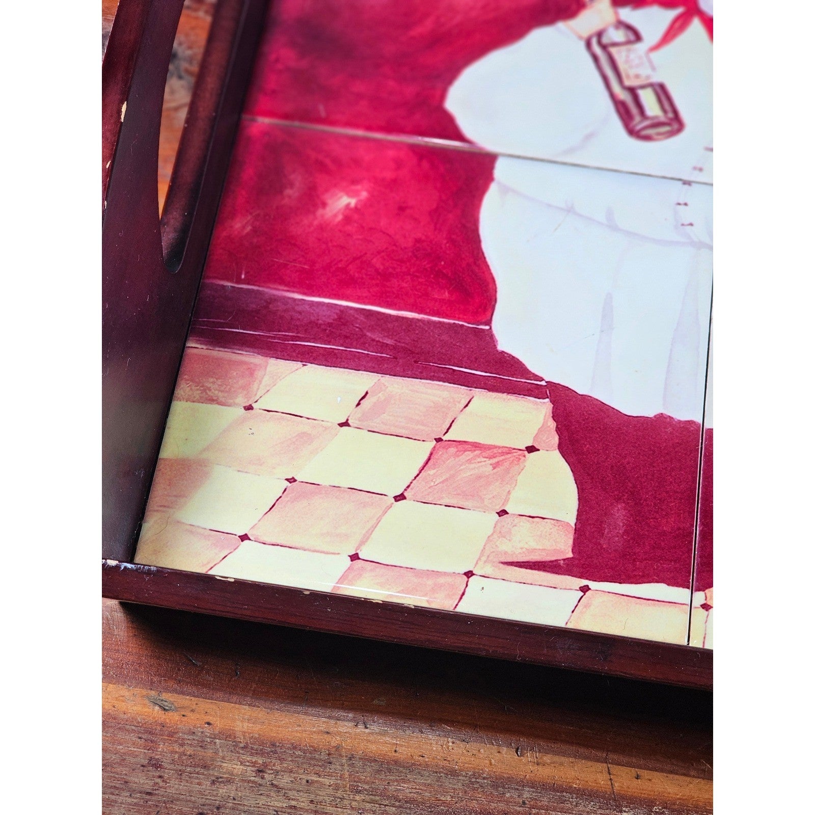 Vintage Tile Art Chef Serving Tray Wine Theme Wooden Handles