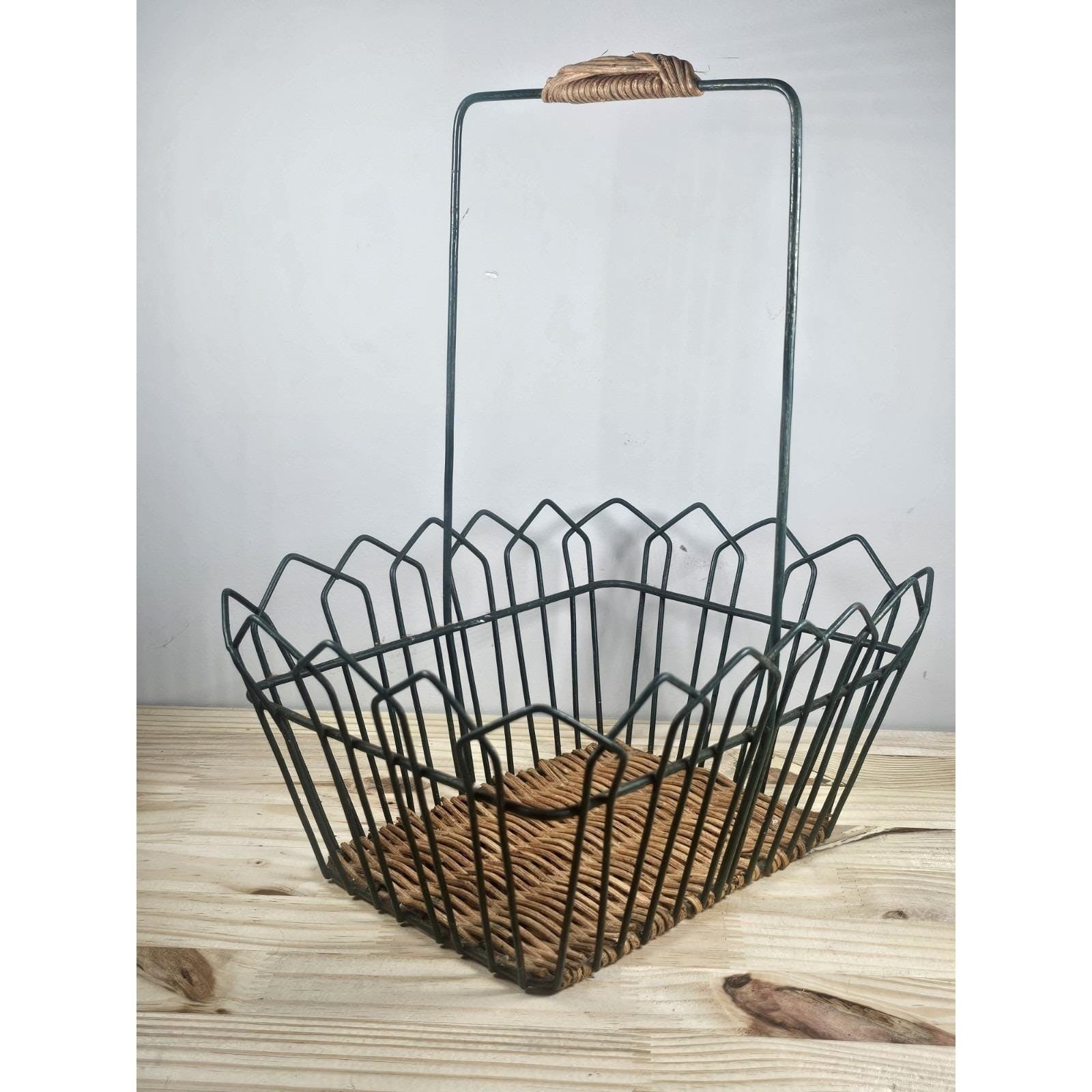 Vintage Rattan Basket with Black Metal Frame Rustic Storage Decor
