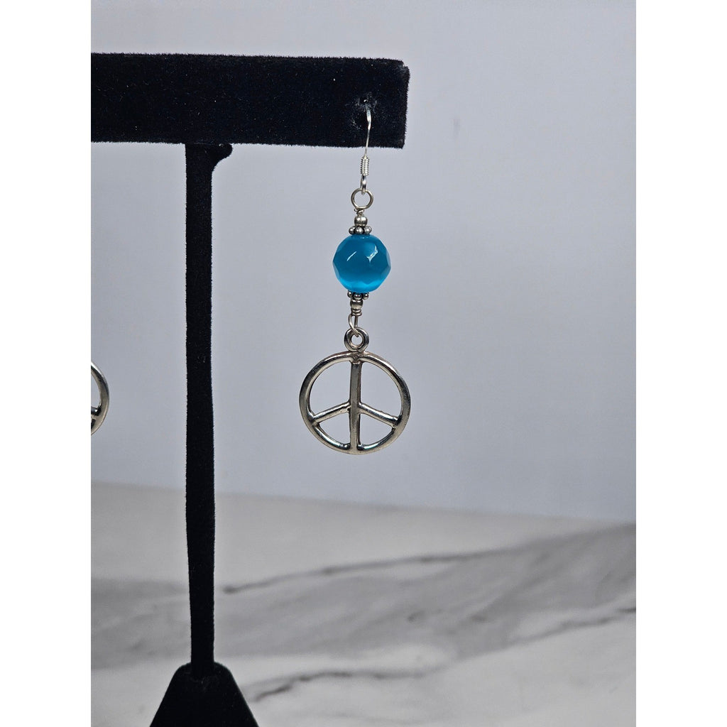 Vintage Sterling Silver Peace Sign Dangle Earrings Blue Bead .925