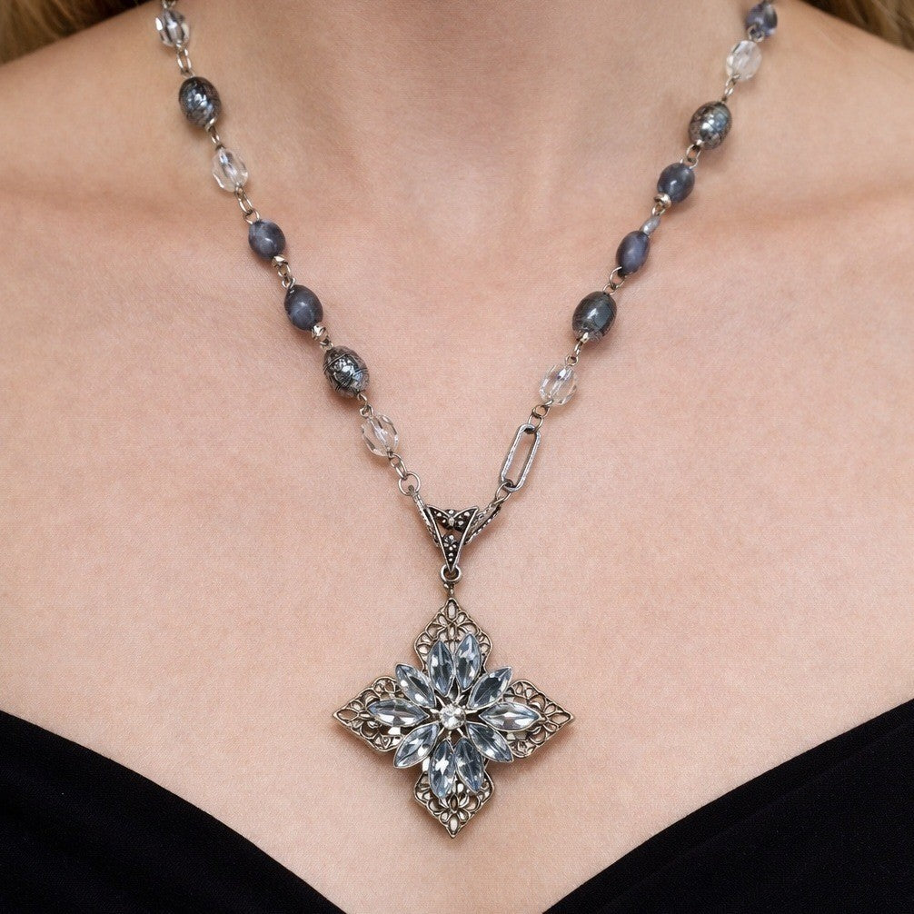 Vintage Silver Tone Crystal Cross Pendant Necklace Beaded Chain